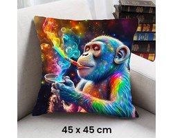 Allernieuwste.nl® Kussen Kussenhoes Blowende Aap - Polyester Peach Skin Perzikhuid Bank Decoratie - Kussenovertrek Rokende Aap - Kleur 45 x 45 cm