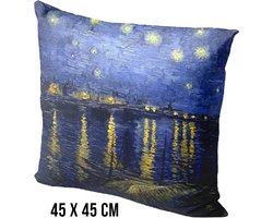 Allernieuwste.nl® Kussen Sterrennacht boven de Rhône Vincent Van Gogh - Kussenhoes polyester peach skin Perzikhuid - Kussenovertrek - Kleur Groen 45 x 45 cm