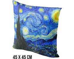 Allernieuwste.nl® Kussen The Stary Night Sterrennacht Vincent Van Gogh - Kussenhoes polyester peach skin Perzikhuid - Kussenovertrek - Kleur Blauw 45 x 45 cm