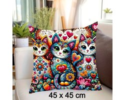 Allernieuwste.nl® Kussenhoes Boho Fleurige Katten Kitten – Zachte Kussensloop 45x45 cm – Verborgen Ritssluiting – Decoratief Sierkussen voor Woonkamer, Slaapkamer & Bank