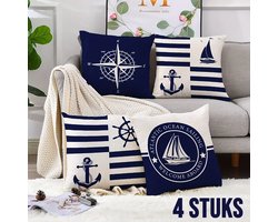 Allernieuwste.nl® SET 4 Stuks Bootkussens Maritieme Nautische Kussenhoes Linnen 45x45 cm Blauw 4 Stuks ##