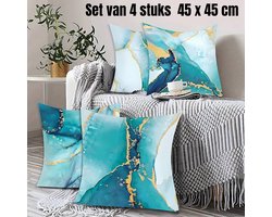 Allernieuwste.nl® SET 4 Stuks Kussens Marmer Patroon Groen - 4x Kussenhoes 100% Zacht Polyester - Kussenovertrek Marmer - Kleur Goud en Groen 45 x 45 cm - SET 4 Stuks %%