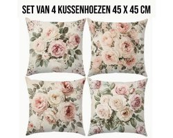 Allernieuwste.nl® Set van 4 Vintage Roze Rozen Kussenslopen 45x45 cm – Zonder Vulling - Verborgen Ritssluiting – Decoratief Sierkussen voor Woonkamer, Slaapkamer & Bank