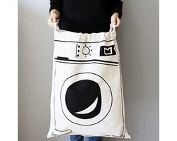 Allernieuwste.nl® Waszak met Wasmachine Print - Wasgoed Opbergtas met Trekkoord - Badkamer Was Zak - Laundry Bag - wit-zwart - 65 x 47 cm