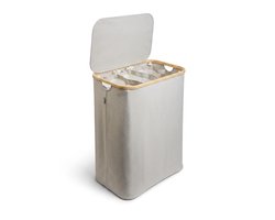 Alles & Co. XXL Wasmand met Deksel - 141 Liter Wassorteerder 3 Vakken - Uitneembare Waszakken - Opvouwbaar - Bamboe & Grijs