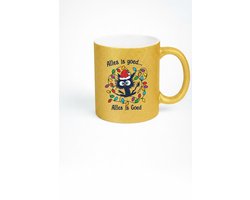 Alles Is Goed Kerst Uil Mok 330ml – Gouden Keramische Koffiemok met Schattige Kerstuil & Kerstverlichting – Grappig Nederlands Feestdagen Cadeau