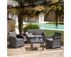 ALLIBERT by KETER - SanRemo 4-zits tuinmeubilair en salontafel - imitatie gevlochten rotan - donkergrijs