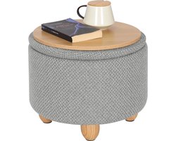 AllinShop® - Poef - Kruk - Voetenbankje - Bijzettafel - Koffietafel - Met Opslag - Openbaar - Met Deksel - Licht Grijs - Rond - Houten poten - 39x39x33CM