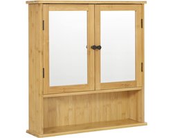 ALM Living Bamboe badkamerkast, wandkast met spiegeldeuren, badkamerkast met 1 verstelbaar rek en 1 open vak, voor badkamer, keuken en slaapkamer, 56 x 14 x 58 cm