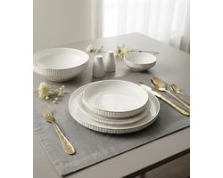 Almina Borneo Gold Serviesset - 27-delig - 6 Personen - Wit Porselein met Gouden Rand & Reliëf - Geribbeld Design - Luxe Diner Serviesset