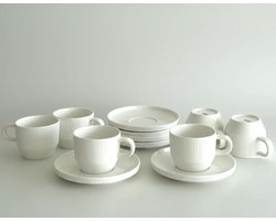 Almina Nives Koffieset - 12-delig - 6 Personen - 200ml - Wit Porselein - Geribbeld Design - Koffiekopjes met Schotel - Cappuccino & Lungo
