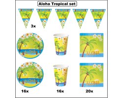 Aloha tropical summer set - 3x Aloha vlaggenlijn 500cm + 16x Aloha Bord 23cm + 16x Aloha beker 180ml + 20x Aloha servet 33cm - Tropisch beach party