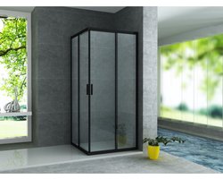 ALONI Douchecabine Hoekinstap met 2 Schuifdeuren – 90x90x195 cm – 6 mm Veiligheidsglas – Mat Zwart – Helder Glas – Omkeerbaar
