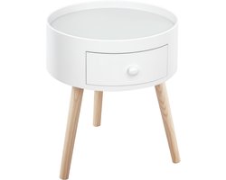 alontafel, bijzettafel, rond, lade, licht eiken, wit | Scandinavisch design, bankuiteinde, schuine taps toelopende poten, massief hout