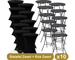 Alora 10x Zwarte Statafel + Zwarte Statafelrok x10 – ø80 cm x 110 cm hoog - Cocktailtafel - Hoge staan tafel - Breed Blad - Inclusief zwarte Statafelhoes - Staantafelrok Stretch - Bartafel rond - Sta tafel Horeca