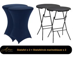 Alora 2x zwarte Statafel + Marineblauwe Statafelrok x 2 – 80 cm Dia x 110 cm hoog - Cocktailtafel - Hoge staan tafel - Breed Blad - Inclusief marineblauwe Statafelhoes - Staantafelrok Stretch - Bartafel rond - Sta tafel Horeca