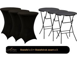 Alora 3x zwarte Statafel + zwarte Statafelrok x 3 – 80 cm Dia x 110 cm hoog - Cocktailtafel - Hoge staan tafel - Breed Blad - Inclusief zwarte Statafelhoes - Staantafelrok Stretch - Bartafel rond - Sta tafel Horeca