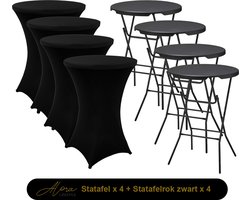 Alora 4x Zwarte Statafel + Zwarte Statafelrok x 4 – ø80 cm x 110 cm hoog - Cocktailtafel - Hoge staan tafel - Breed Blad - Inclusief zwarte Statafelhoes - Staantafelrok Stretch - Bartafel rond - Sta tafel Horeca