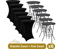 Alora 6x Zwarte Statafel + Zwarte Statafelrok x 6 – ø80 cm x 110 cm hoog - Cocktailtafel - Hoge staan tafel - Breed Blad - Inclusief zwarte Statafelhoes - Staantafelrok Stretch - Bartafel rond - Sta tafel Horeca