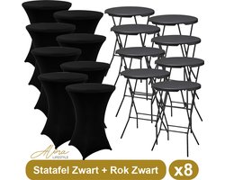 Alora 8x zwarte Statafel + zwarte Statafelrok x 8 – 80 cm Dia x 110 cm hoog - Cocktailtafel - Hoge staan tafel - Breed Blad - Inclusief zwarte Statafelhoes - Staantafelrok Stretch - Bartafel rond - Sta tafel Horeca