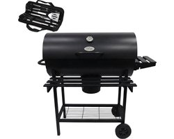 Alora Houtskool Barbecue - Inclusief Spatelset - Geïntegreerde Thermometer, Warmhoudrek, Asopvangbak & Zijtafel - BBQ op Wielen - met Deksel - Zwart