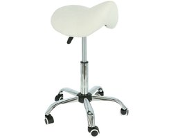 Alora zadelkruk - Tabouret – Wit/Chrome - kruk – kapperskruk - verstelbaar in hoogte - ergonomisch - krukje - werkkruk - kapperskruk - ergonomische zadelkruk op wielen