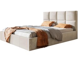 AlpiMeble Roma Slim gestoffeerd bed met hoofdeinde, 140 x 200 cm, tweepersoonsbed met bedlade en lattenbodem van metal, kleur: beige, velours