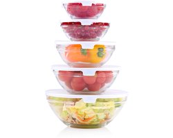 alpina 5-Delige Glazen Schaalset - Bewaarcontainers met Deksel - Voedselcontainers - Stapelbaar - Vaatwasmachinebestendig