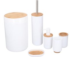alpina Badkamerset - Toiletset - 6-Delig - Zeepdispenser - Tandenborstelhouder - Toiletborstel - Prullenbak - Zeepbakje - Beker - Bamboe - Wit