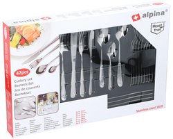 alpina Bestekset 6 Persoons - Bestek Set 42-Delig - RVS Messen, Lepels, Vorken, Theelepels en Gebaksvorkjes - Vaatwasserbestendig - Glanzend Zilver