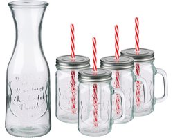 alpina Drinkglazen en Waterkan – Karaf (1L) met 4 Mason Jars (420 ml) – Waterglazen met Deksel en Rietjes – Drink Glazen voor Koude Dranken – Glazen Set voor Thuis en Feestjes