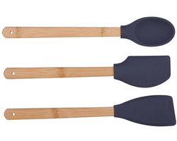 Alpina Kitchen Tools 2as 3pc Silicone - Keukengerei Set van Bamboe en Kunststof - Ophangbaar - Siliconen Kookgerei Set - Geschikt voor Dagelijks Keukengebruik - Lichtbruin en Donker Grijs - 3-delig