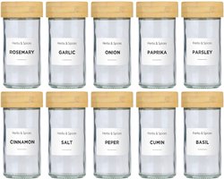 alpina Kruidenpotjes Set van 12 - Inclusief Kruiden Stickers en Strooideksels - Glazen Potjes met Deksel - Keuken Organizers - Bamboe