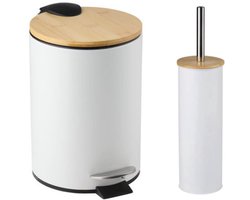 Alpina Prullenbak 3L met Houten Deksel + Toiletborstel met Houten Deksel – Wit – Compacte Set voor Badkamer, Toilet, Keuken of Kantoor