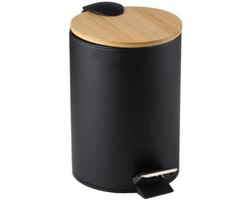 ALPINA prullenbak met bamboe deksel Zwart / hout Klein formaat - 3L - badkamer / wc / keuken / kantoor / horeca prullenbak