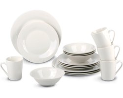 alpina Serviesset 16-Delig - Bordenset Diner 4 Persoons - Aardewerk Servies - Dinerborden, Dessertborden, Kommen en Mokken - Magnetron en Vaatwasser Bestendig - Wit
