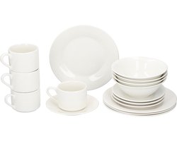 alpina Serviesset 16-Delig - Bordenset Ontbijt 4 Persoons - Aardewerk Servies - Ontbijtborden, Kommen, Mokken en Schotels - Magnetron en Vaatwasser Bestendig - Wit