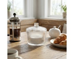 Alpina Suikerpot 200ml - Glazen Opbergpot met Deksel en Handvat - Geribbeld Ontwerp - Ronde Vorm - Geschikt voor Suiker - 2 Jaar Fabrieksgarantie - 8,5x8,5x9,1cm - Transparant