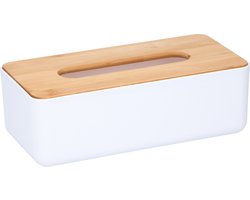 Alpina Tissuedoos/zakdoekjes box - wit/lichtbruin - kunststof - bamboe deksel - 26 x 13 x 9 cm