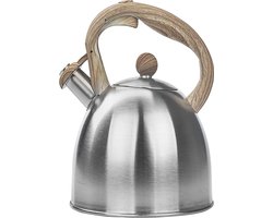 Altom Design Alex fluitketel geborsteld RVS / bruin 2.3 Liter - hout look handvat met soft touch coating - geschikt voor alle warmtebronnen