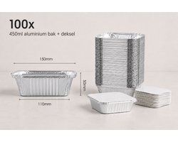 Aluminium Bakjes met Deksel 450ml - 100 Stuks - Rechthoekige Alu Schalen - 15 x 12 x 5 cm - Kapsalon & Maaltijden - IMES PACK