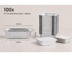 Aluminium Bakjes met Deksel 911ml - 100 Stuks - Rechthoekige Alu Schalen - 20 x 14,5 x 5 cm - Kapsalon & Maaltijden - IMES PACK