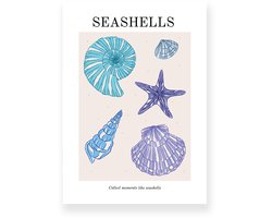 Aluminium plaat 30x40 cm - Poster - Seashells - Strand - Blauw - Paars - Minimalistisch - Boho - Muurdecoratie - Wanddecoratie