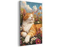 Aluminium schilderij 100x150 cm - Wanddecoratie metaal - Kat - Bloemen - Ontspannen - Metalen muurdecoratie woonkamer - Decoratie industrieel - Foto op dibond - Industriële accessoires slaapkamer
