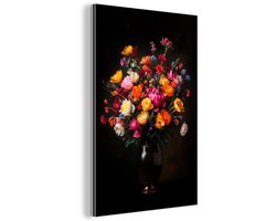 Aluminium schilderij 100x150 cm - Wanddecoratie metaal - Kleurrijk - Boeket - Vaas - Donkerbruin - Metalen muurdecoratie woonkamer - Decoratie industrieel - Foto op dibond - Industriële accessoires slaapkamer