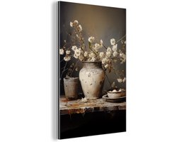 Aluminium schilderij 100x150 cm - Wanddecoratie metaal - Stilleven - Bloemen - Boeket - Vaas - Wijn - Metalen muurdecoratie woonkamer - Decoratie industrieel - Foto op dibond - Industriële accessoires slaapkamer
