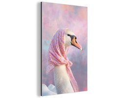 Aluminium schilderij 100x150 cm - Wanddecoratie metaal - Zwaan - Sjaaltje - Pastelwolken - Metalen muurdecoratie woonkamer - Decoratie industrieel - Foto op dibond - Industriële accessoires slaapkamer