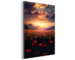 Aluminium schilderij 120x160 cm - Wanddecoratie metaal - Landschap - Zonsondergang - Bloemenveld - Metalen muurdecoratie woonkamer - Decoratie industrieel - Foto op dibond - Industriële accessoires slaapkamer