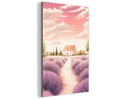 Aluminium schilderij 120x180 cm - Wanddecoratie metaal - Lavendelveld - Huis - Paars - Metalen muurdecoratie woonkamer - Decoratie industrieel - Foto op dibond - Industriële accessoires slaapkamer