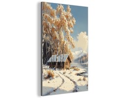 Aluminium schilderij 120x180 cm - Wanddecoratie metaal - Winter - Sneeuw - Huis - Natuur - Metalen muurdecoratie woonkamer - Decoratie industrieel - Foto op dibond - Industriële accessoires slaapkamer
